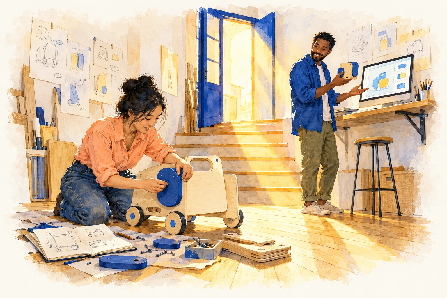 People turn sketches and ideas into real projects through physical and digital work