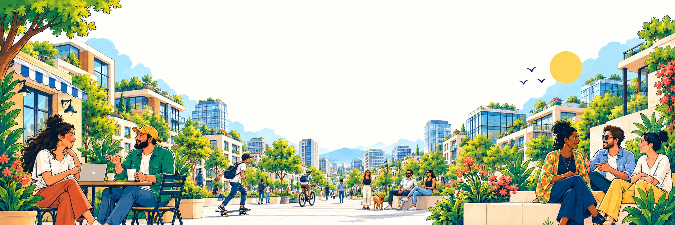 A lively city street with a cafe, people talking, cyclists, a skateboarder, and birds