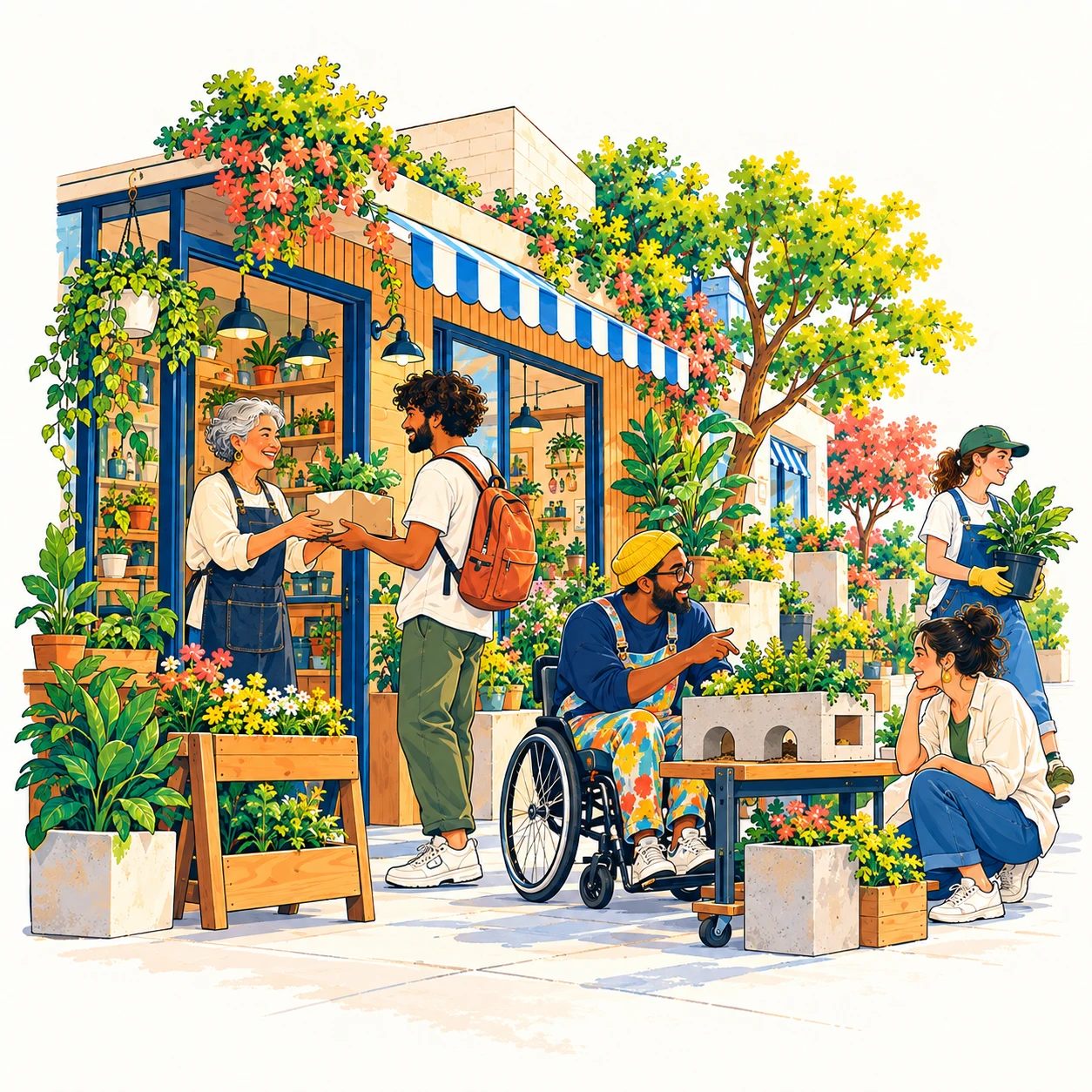 An urban corner with a local business and new service